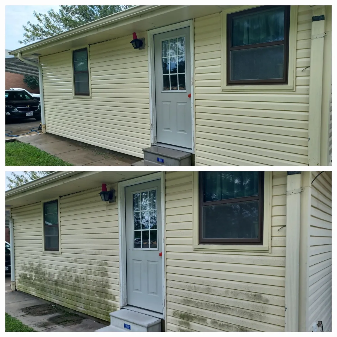 Exterior siding: after cleaning at the top, before cleaning at the bottom