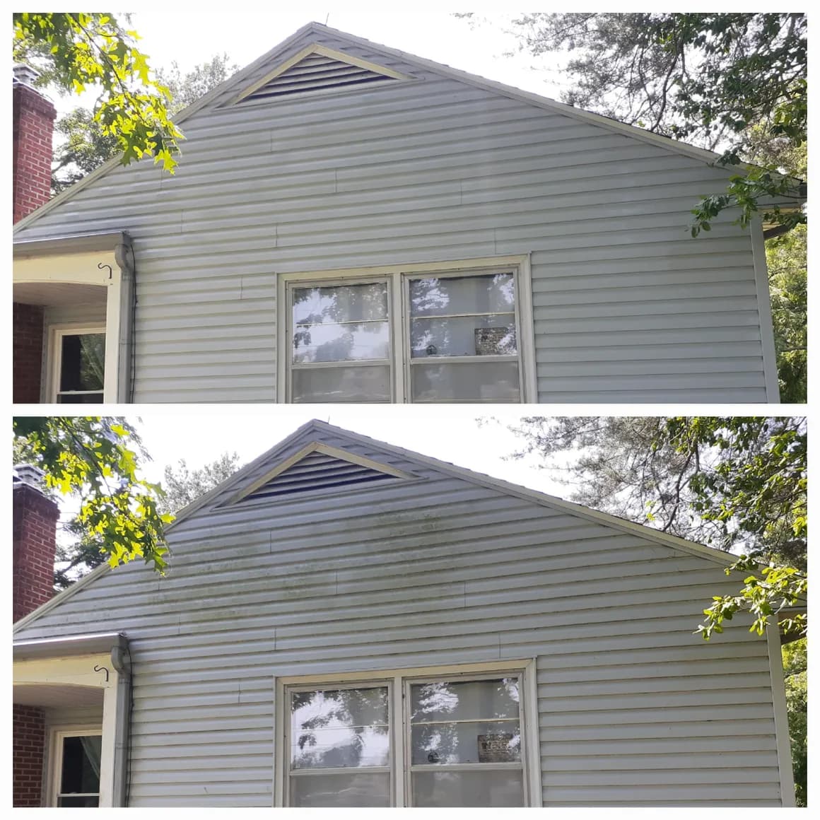 Light-gray house siding: after cleaning at the top, before cleaning at the bottom
