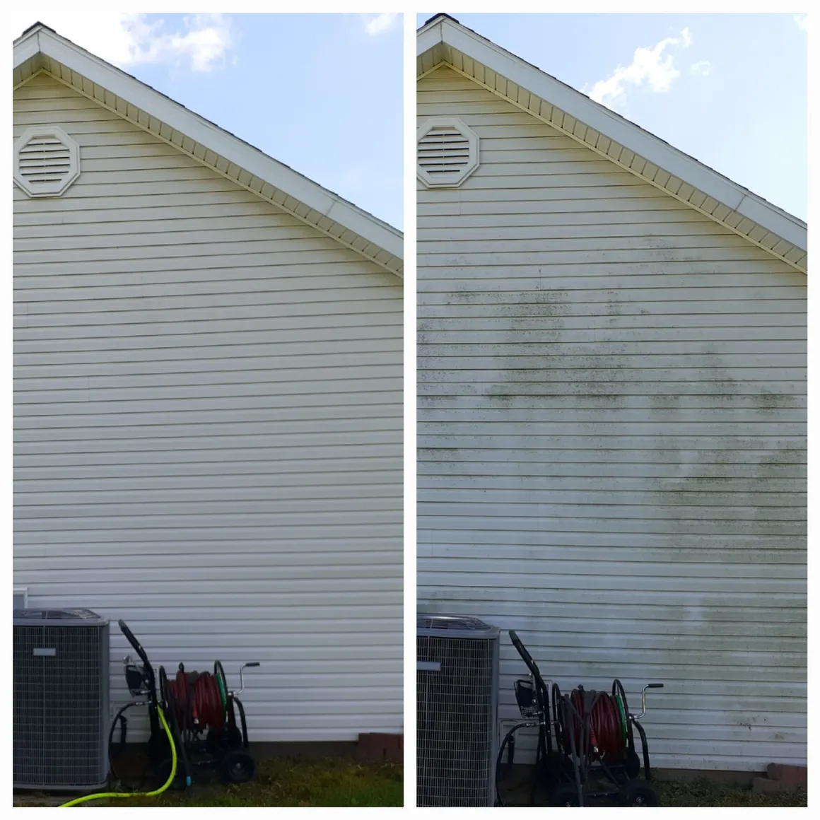 Siding around the utility area: after cleaning on the left, before cleaning on the right