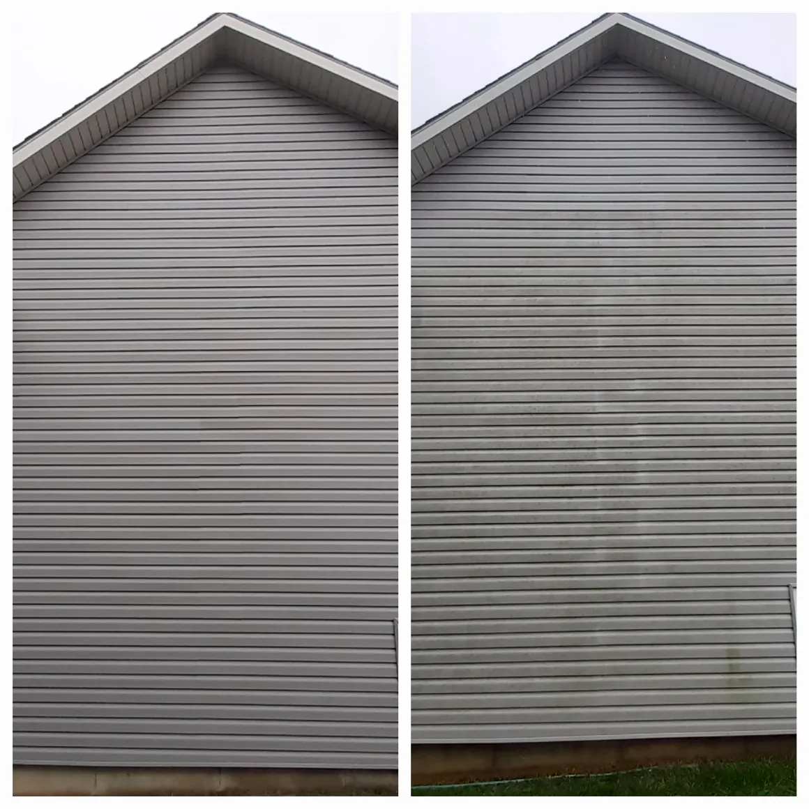 House siding: after cleaning on the left, before cleaning on the right